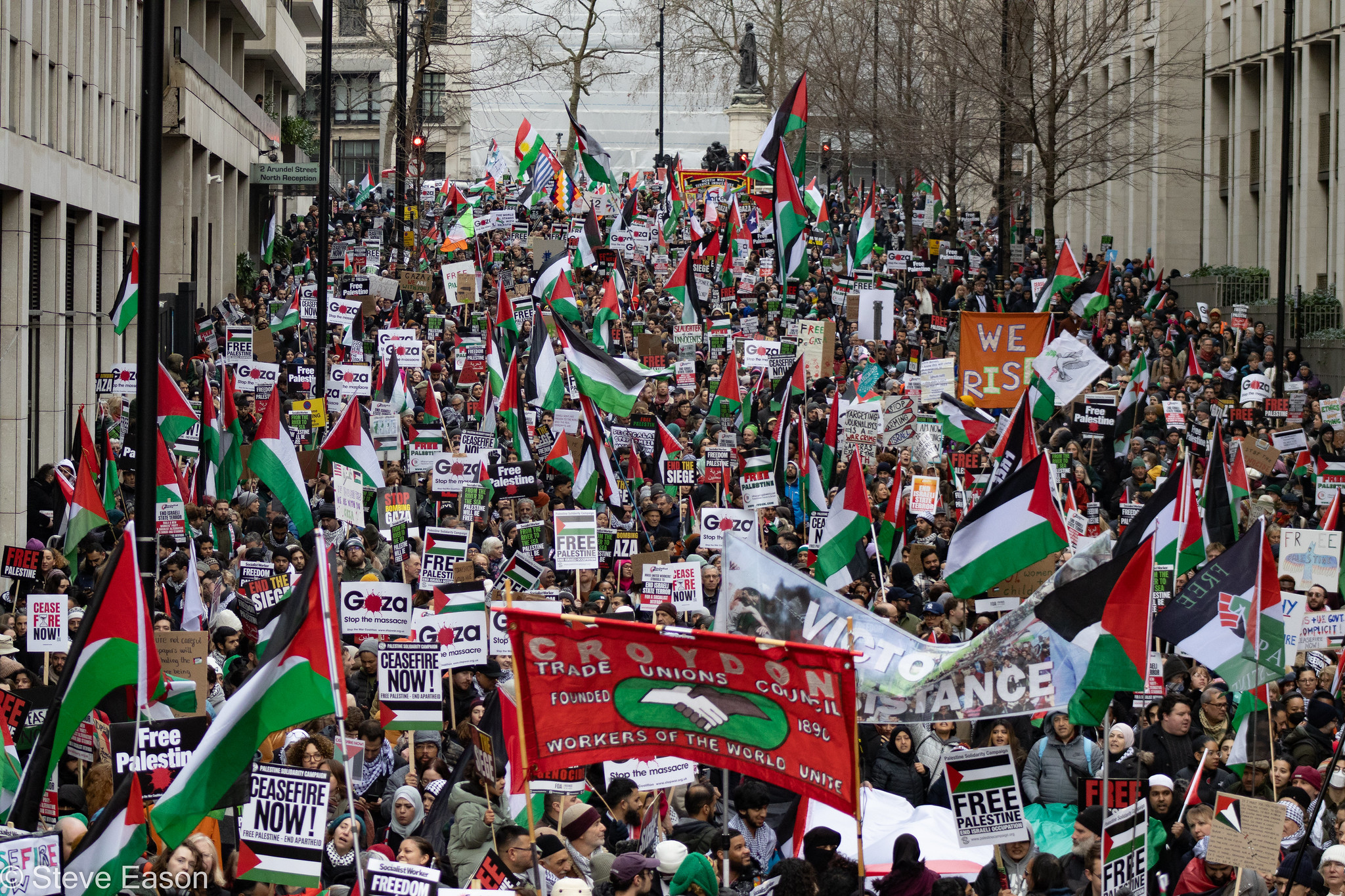 mass of people on the street protest for palestine